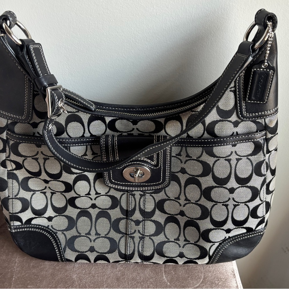 Coach Black and Cream Signature Shoulder Bag